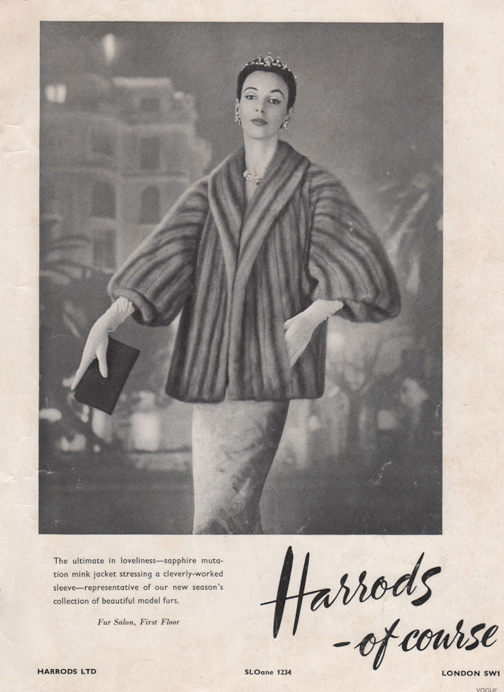 Harrods - of course. Sapphire mutation mink jacket. Fashion advert 1955 print